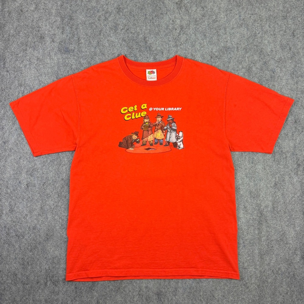 Fruit of the Loom Get a Clue @ Your Library Orange Graphic T-Shirt Mens Large